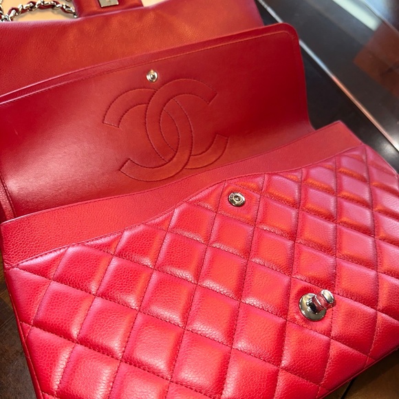 CHANEL Classic Maxi Double Flap Red Caviar on Silver W/Card GREAT CONDITION!!! - Picture 6 of 15